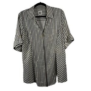 Anne Klein Medium Gold Black Stripe Short Sleeve Zip Front Blouse Zipper Office